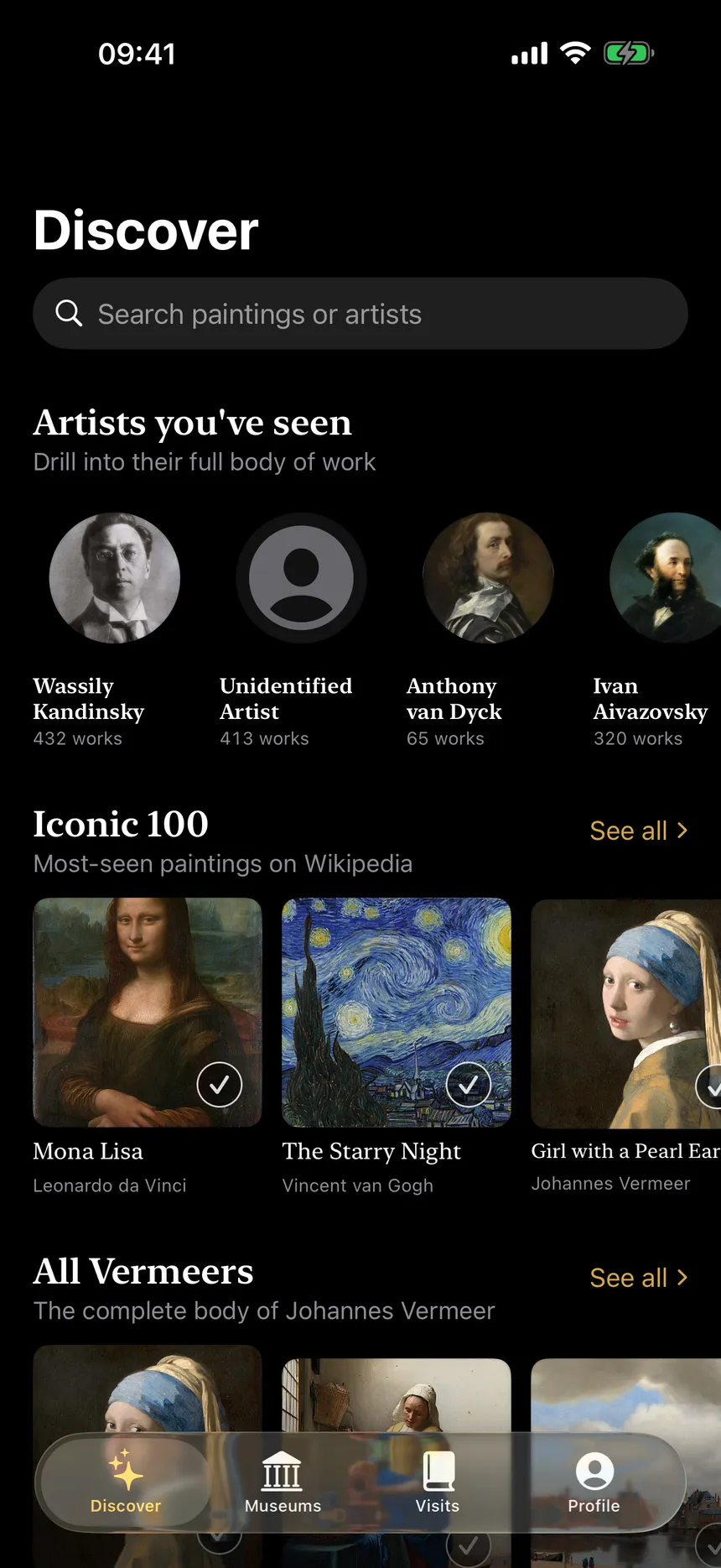 Seen app — Discover screen showing curated lists of paintings by museum