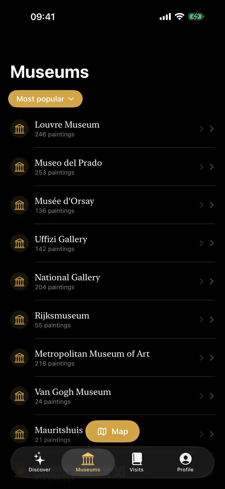 Seen app — Museums list showing nearby institutions with painting counts