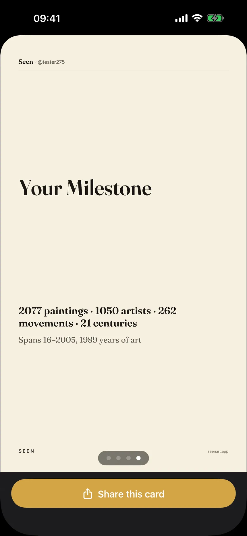 Seen app — Share Card preview showing lifetime stats ready to post to Instagram Stories